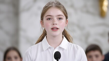 Girl giving speech, event hall, audience, public speaking