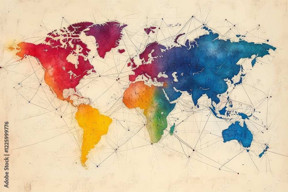 Poster creative world map illustration featuring colorful continents and interconnected lines