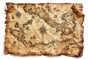 Fototapete Old treasure map showing islands and sailing ships is lying on white background © HISTOCK