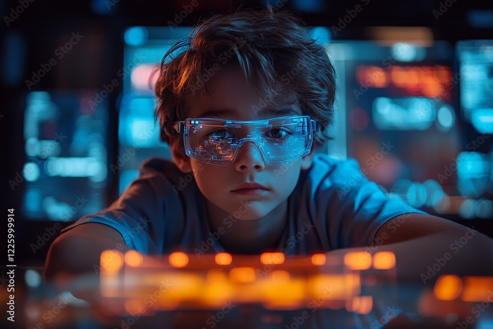 Poster young boy immersed in digital world while using high-tech glasses in a futuristic environment at nig