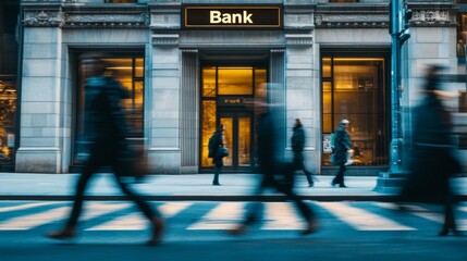 Fototapeta premium outside a bank office with people passing by with rapid effect