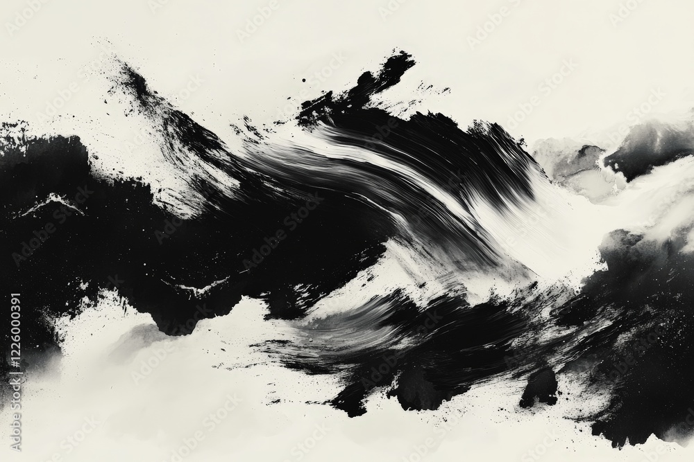 Poster dynamic black and white abstract painting depicting fluid motion and energy across the canvas