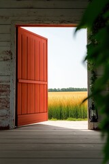 weathered barn door with peeling red paint partially open revealing field of tall golden grass beyond