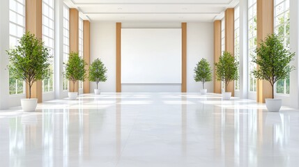 Fototapeta premium Bright, spacious hall with plants, large blank canvas; ideal for event promotion