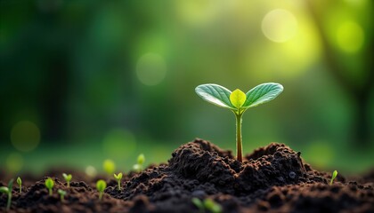 Small plant sprouts from heart-shaped dirt mound. Natural light highlights plant growth. Fresh green sprout shows vibrant new life. Growth concept image embodies hope, care, eco-friendly themes.