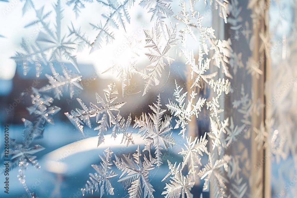 Poster sunlight shining through a window with beautiful and delicate frost and ice crystal formations