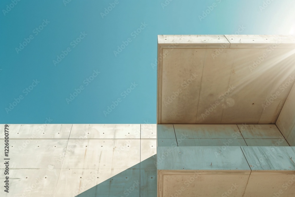 Poster sunlight casting a glow on the edge of a modern concrete structure under a vivid blue sky