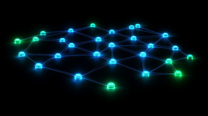 Obraz premium Glowing network nodes in blue and green, symbolizing digital security and interconnected technology