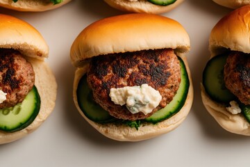 top-down view of scene is product photography setup with studio lighting featuring sliders with grilled lamb patties