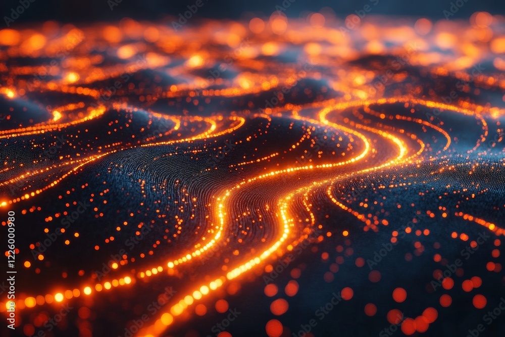 Poster intricate patterns of glowing orange lines on a dark surface resembling flowing lava at night