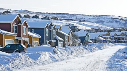 Quiet urban neighborhood covered by an avalanche, with snowbanks towering over houses and cars, under a pale winter sky