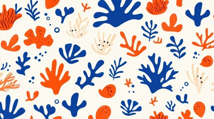 Dive into vibrant underwater scenes with this seamless coral pattern, featuring handdrawn designs in stunning blue and orange hues.