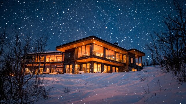 Winter night scene of a house with its lower level buried in snow, warm interior light glowing through upper windows, starry sky backdrop