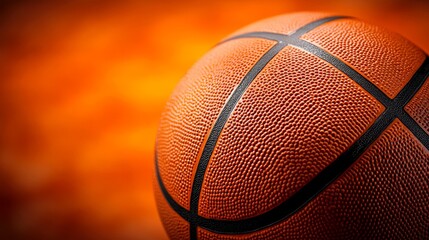 Close-up of a basketball on a worn brown court floor, textured and ready as a banner design with open space for text