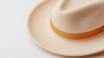 Close-up of a beige wide-brimmed felt hat, its soft texture and elegant curves highlighted on a crisp white background, perfect for fashion aesthetics