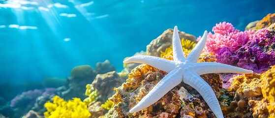 Vibrant Underwater Scene with White Starfish on Coral Reef