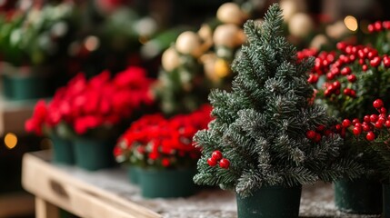 Festive Miniature Christmas Trees and Red Flowers for Decoration