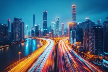 Fototapeta premium City skyline illuminated at night with vibrant traffic along the river bank