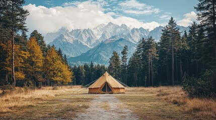 Serene Camping Adventure in the Majestic Alps: A Canvas Tent Nestled Amongst Autumnal Trees and Snow-Capped Peaks