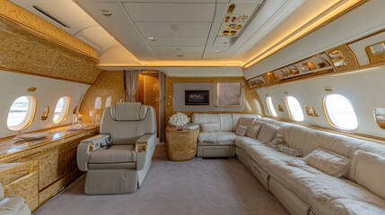 First-class airplane cabin with spacious seats and luxury amenities.