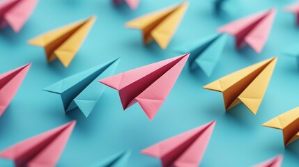 Close-up of a colorful paper airplane ascending above dull ones, representing success and market differentiation