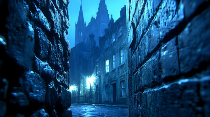 Rainy night, narrow street, gothic architecture, city, mystery, background church, stock photo