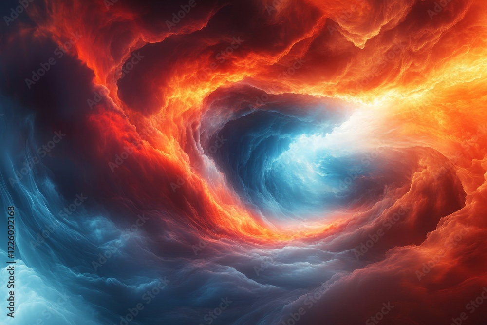 Poster swirling clouds of orange and blue create a mesmerizing celestial vortex in a cosmic landscape durin