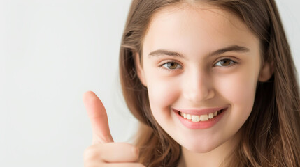 A confident businesswoman beams with a thumbs up, showcasing professionalism in a sleek, modern office setting.