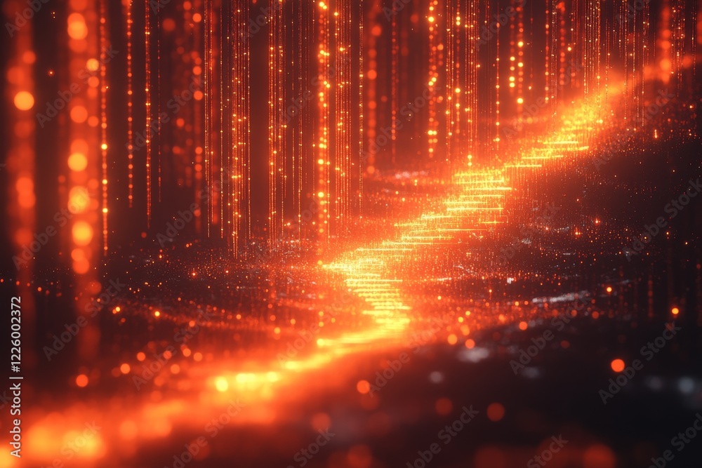 Poster luminous orange trails illuminate a dark landscape creating a surreal digital atmosphere of flowing 