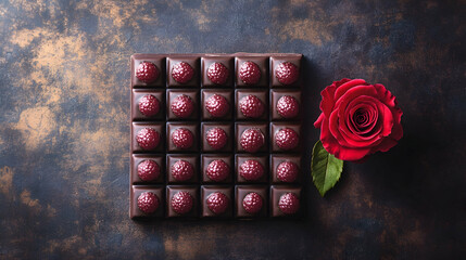 Raspberry chocolate bar and red rose on dark background; Valentine's Day gift