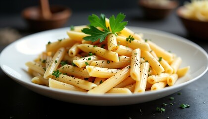 Creamy alfredo pasta dish. Penne pasta coated in creamy sauce, garnished with fresh parsley, black pepper. Close-up view of appetizing meal. Perfect for dinner as quick, delicious lunch. Italian