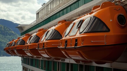 Fototapeta premium Lifeboats hanging securely on the side of a cruise ship, ready for use.