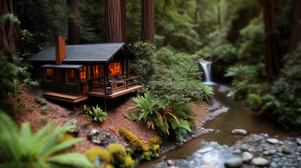 Obraz premium Rustic Cabin in the Redwoods with Tilt-Shift Effect