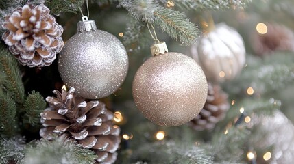 Elegant Christmas Ornaments and Pinecones on a Festive Tree