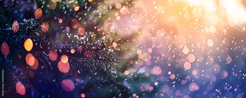 Aufkleber christmas tree branch covered in snow with golden bokeh lights in background for holiday greeting ca