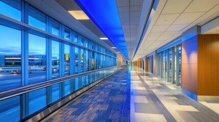 Fototapeta premium Moving walkway inside an empty airport hallway with bright lighting.