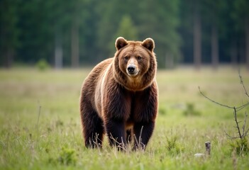 Massive brown bear stands in meadow. Wild animal in forest background. Powerful predator in natural habitat. Spring summer outdoors. Closeup view. Nature scene. Big mammal. Dangerous wildlife. Large