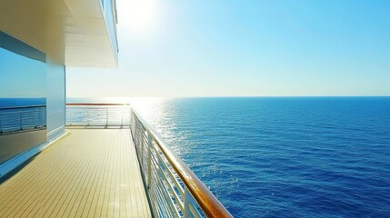 Opulent cruise ship balcony with the ocean horizon in the distance.