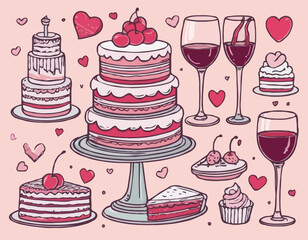 Valentine Day doodle set, vector hand drawn holiday romantic cake illustration, female line hand. Love date dinner, wine glass tower, heart shaped cherry pie, alcohol beverages. Valentine doodle kit
