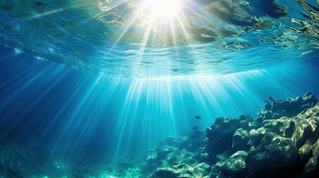 Sunlight sparkles on blue ocean waves, revealing clear waters beneath in a perfect summer scene.