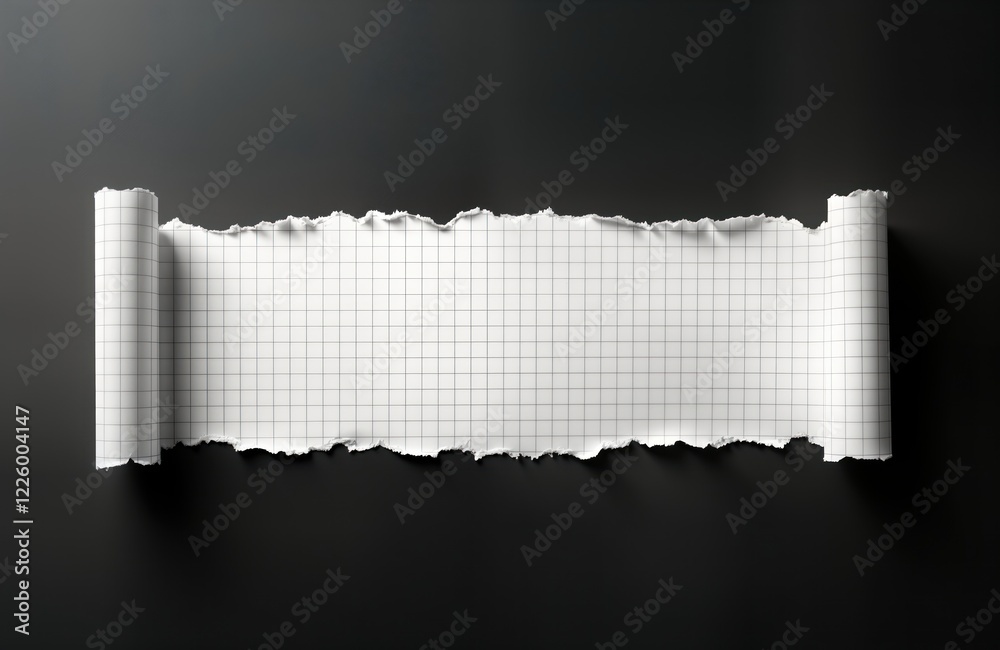 Poster white graph paper rips open black background. ripped paper piece. blank paper sheet. torn edge. chec