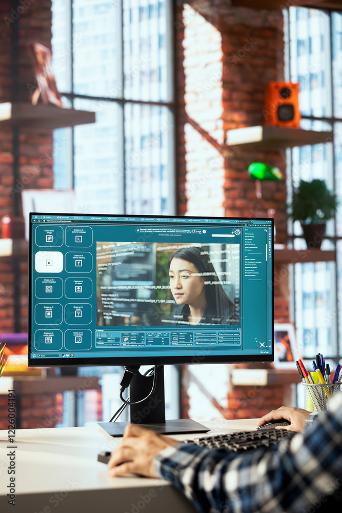 Fototapete Worker designing UI for artificial intelligence GPT application turning text prompt into photos. IT employee in home office using neural network tech to build text to image AI generative models