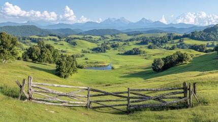Rolling green hills, mountain vista, rustic fence, pastoral scene, idyllic landscape, travel photography