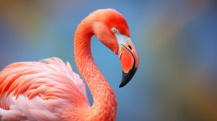 A vibrant red flamingo stands gracefully in nature, with a soft focus backdrop enhancing its stunning beauty.