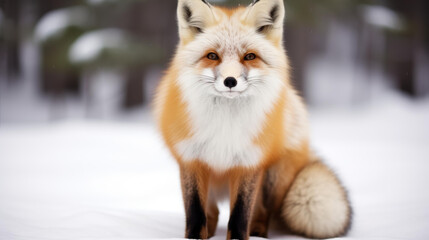 Obraz premium A red fox prowls through the deep snow, showcasing its vibrant fur and cunning nature in the winter wilderness.