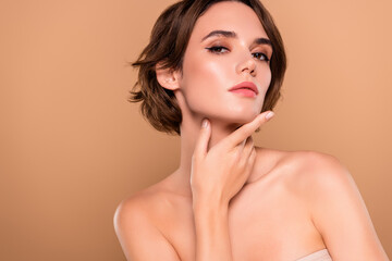 Photo of attractive girl touch chin look isolated pastel color background