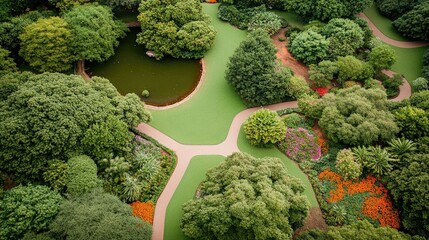 sprawling botanical park with multiple pathways large pond and sections of brightly colored flowers