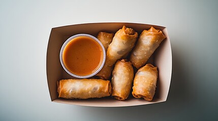 top-down view of paper tray filled with crispy fried spring rolls and tangy dipping sauce illuminated by bright and