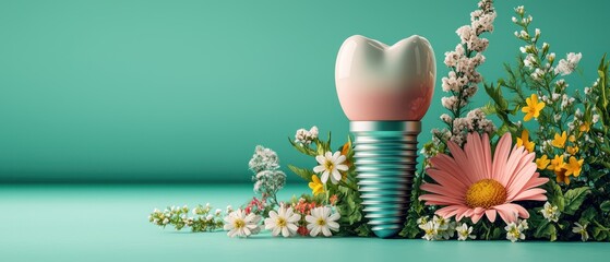 A dental implant surrounded by colorful flowers on a teal background.