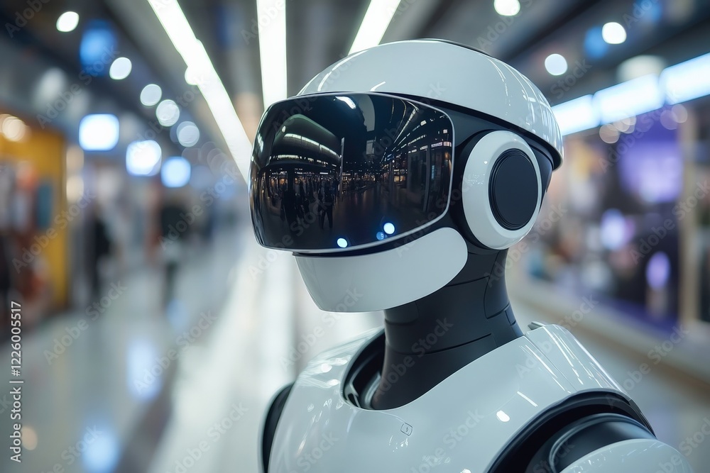 Poster robot with futuristic design showcases advanced technology in a bustling indoor environment